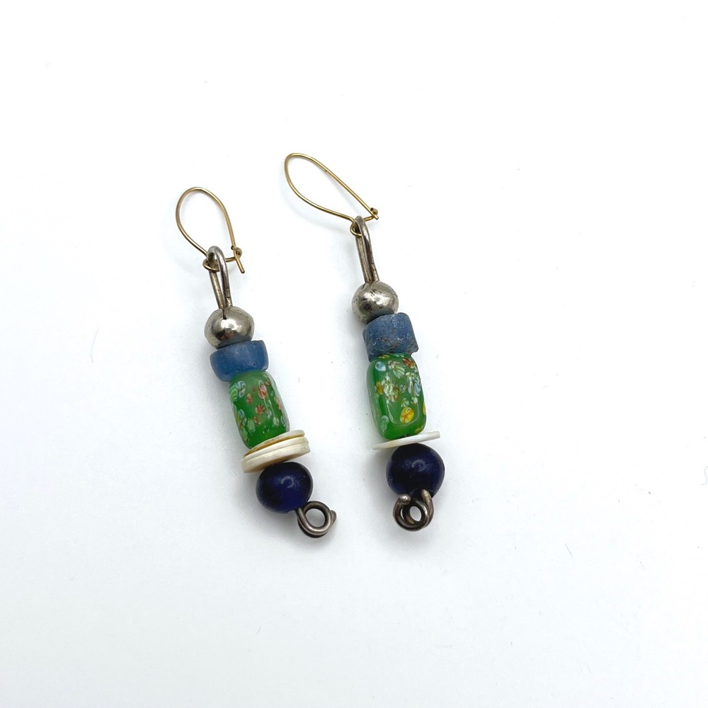 Artisan Millefiori Style Glass Bead Drop Earrings Blue Green Floral Boho